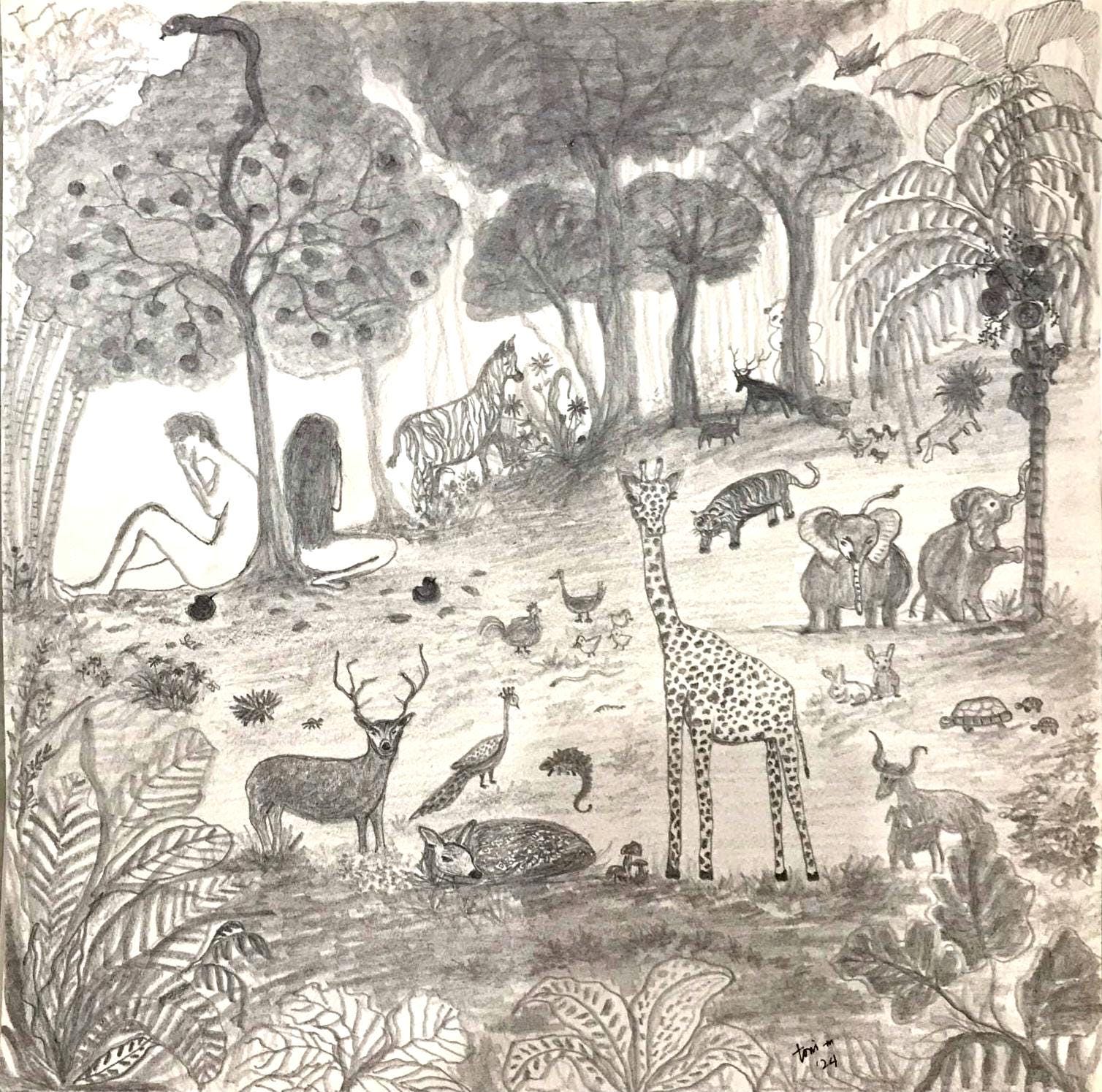 Adam and Eve Graphite Drawing: Garden of Eden Art, 12x12