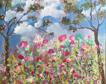 My Secret Garden , Original Painting handpainted textured art of beautiful flowers