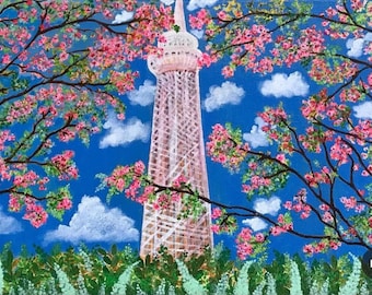 Tokyo Skytree Kirschblüten Original handgemaltes Acrylgemälde