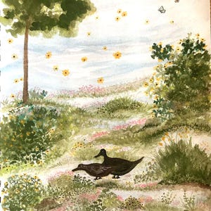 Happy Trails è un'opera d'arte originale dipinta a mano con acquerello e penna a inchiostro, 7x10 pollici, carta gouache senza acidi, che puoi incorniciare, decorazione da parete per la casa.
