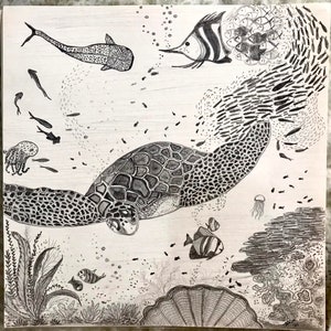 May include: A black and white pencil drawing of an underwater scene with a sea turtle, a fish, and a school of fish. The turtle is swimming towards the right side of the image, and the fish are swimming in different directions. The background is a light gray color.