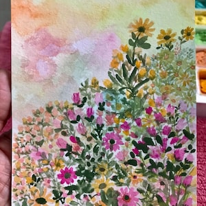 Flower Blooms Arte de cartão postal original pintada à mão, assinada e datada