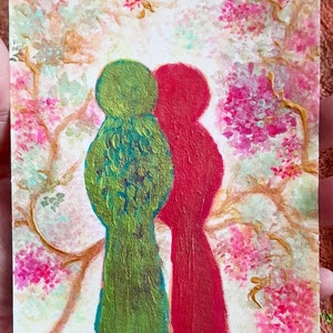 Entzückende Lovebirds Original handgemalte Mischtechnik Aquarell und Acryl Postkarte Kunst signiert und datiert