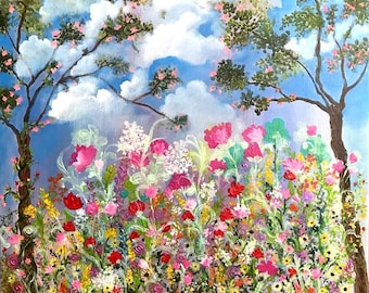 My Secret Garden An Original Painting handpainted textured art of beautiful flowers on 20x20x1 inches Stretched Canvas . Ready to hang
