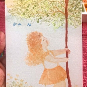 Recuerdos de la infancia Arte postal de acuarela original pintado a mano, firmado y fechado