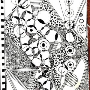 May include: Black and white abstract art drawing with geometric shapes, circles, and dots. The drawing is on a white background and includes the text "Toni M. 2021".