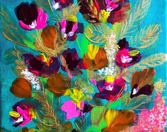 花の宝石の絵画：オリジナルの手描きのテクスチャアート、額入り8x10 