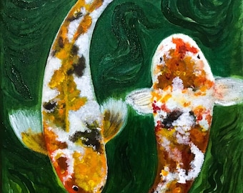 Koi Painting two Fishes Yin Yang Original handpainted Acrylic Painting on Stretched Canvas with Frame ,signed and dated. Wall decor koi art.