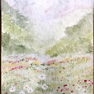 Beau champ de fleurs, cadeau de Dieu pour nous. Une carte postale originale, aquarelle et acrylique, techniques mixtes, peinte à la main, signée et datée.