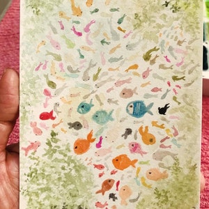 Fische gehen einfach mit dem Fluss ein Original handgemalte Aquarell Postkarte Kunst auf 300gsm Aquarellpapier signiert und datiert. Sie können Rahmen
