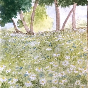 Hermoso paisaje lleno de flores blancas, acuarela pintada a mano con arte de postal acrílica, firmada y fechada, puedes enmarcarla