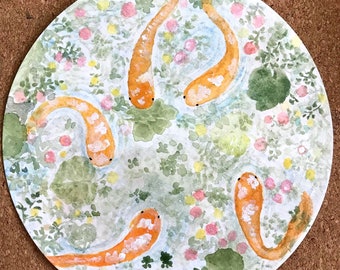Koi Pond Watercolor Art: Floral Pond Painting (12x12 cm)