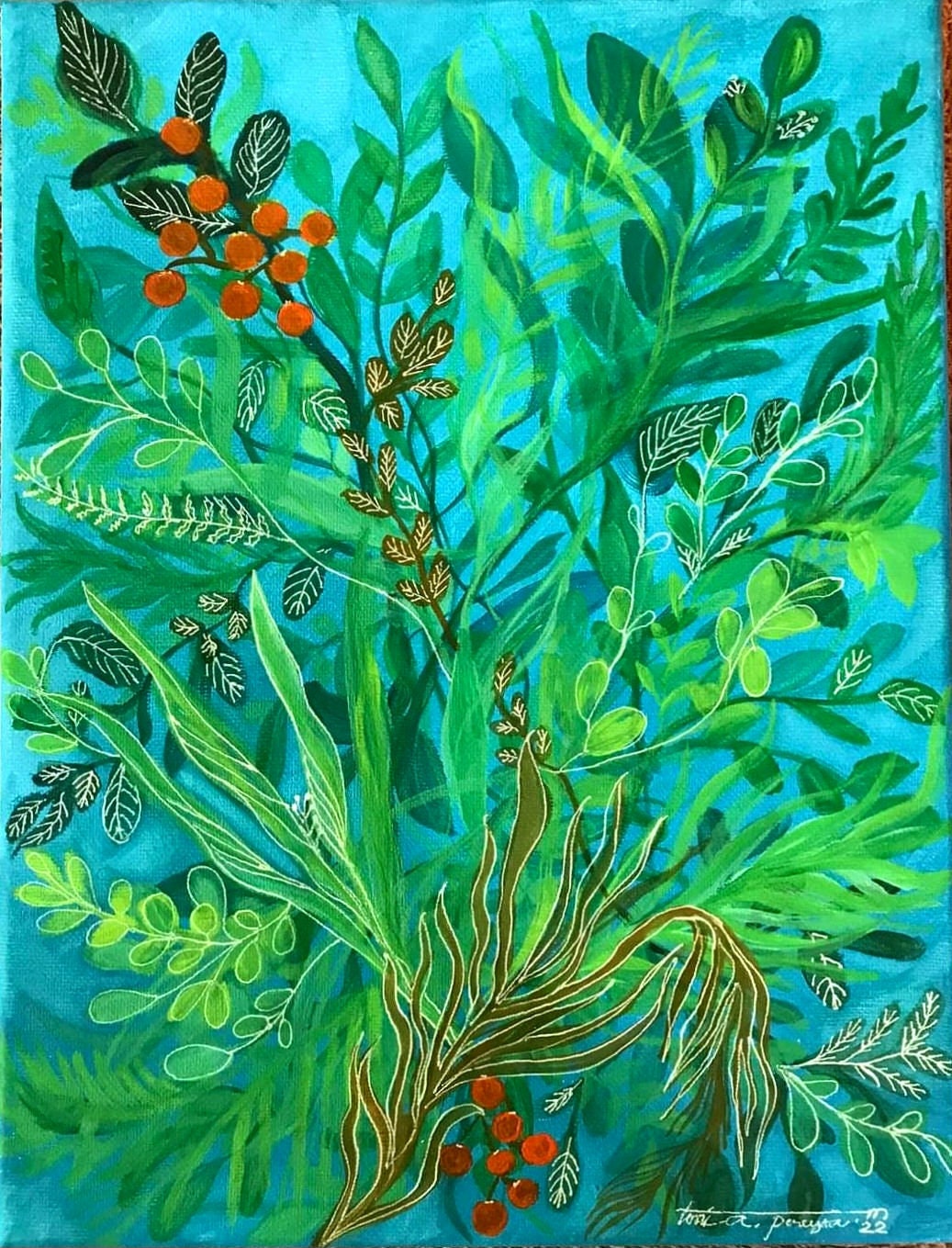 Botanical Gouache Painting: Original Floral Art on Canvas with Frame