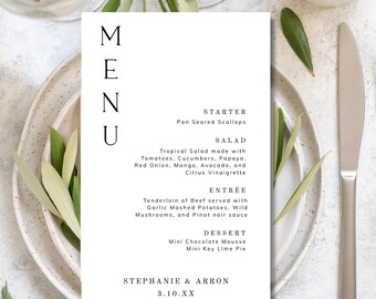 Menú de boda minimalista de 5" x 8" Plantilla editable