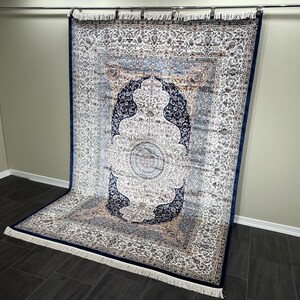7x10 Bamboo Silk Rug: Traditional Anatolian Navy Blue Carpet