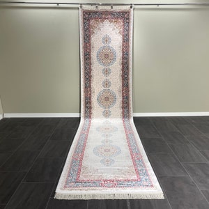 3x13 Cream Bamboo Silk Runner Rug: Turkish Hallway Carpet