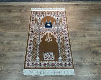 Soft Kaabe Pattern Sejjadeh, 3x4 Bamboo Prayer Rug, Prayer Mat, Ramadan Gift, Islamic Prayer Mat Rug, 3x4 Carpet, 3x4 Silk Sejjadah Rug
