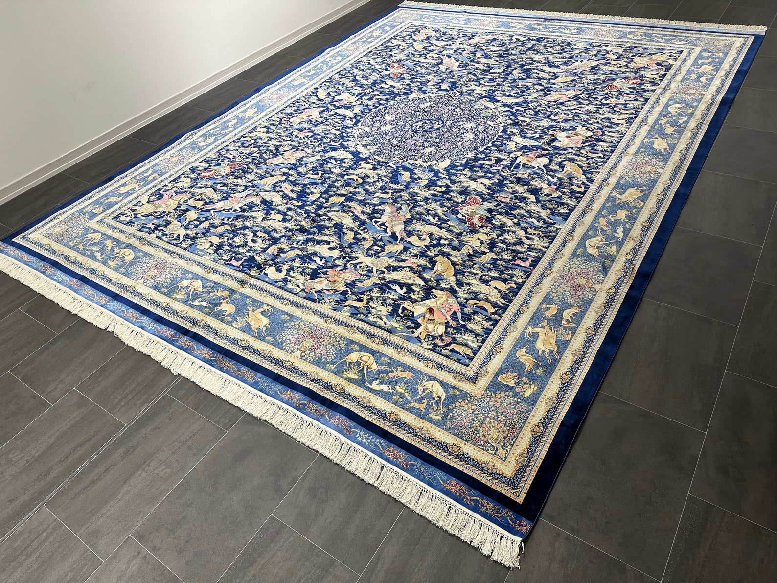 10x13 Rug for Palace, Animal Patterned Silk Rug, 10x13 Carpet, Bamboo Silk Rug, Navy Blue Silk