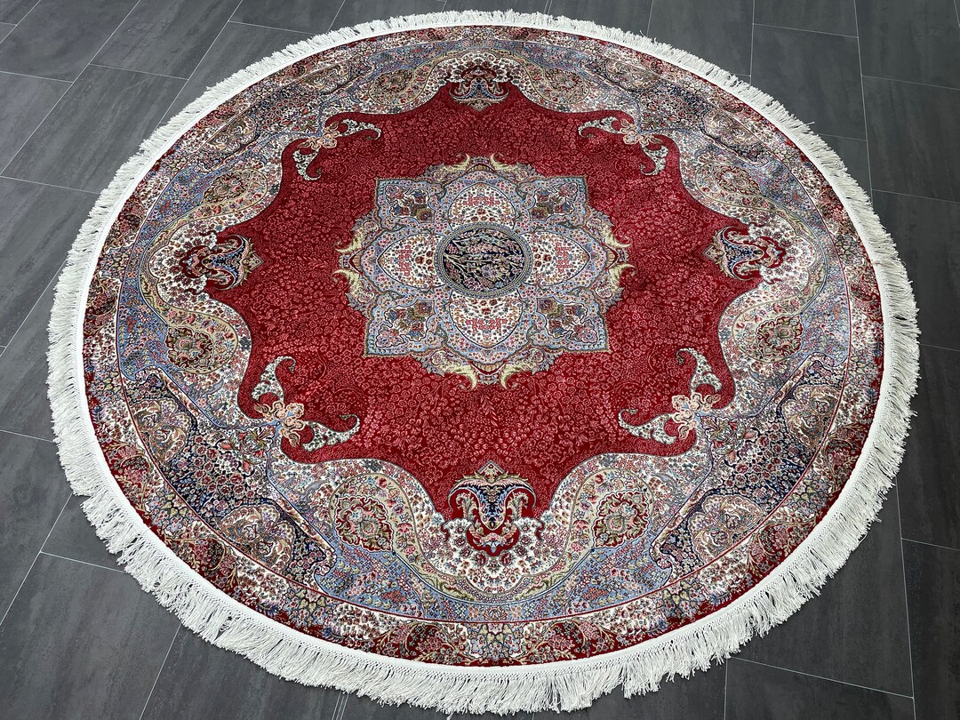 7x7 Medalion Design Round Silk Rug, Circle Silk Rug, 7x7 Area Rug, 100