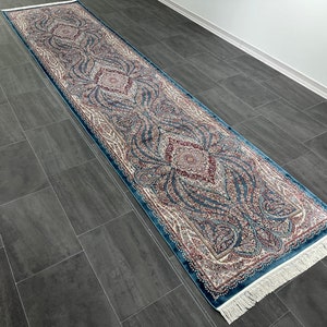 Turkish Bamboo Silk Runner Rug: Navy Hallway Carpet (3x13)