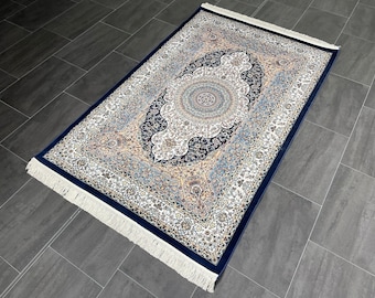 4x6 Bamboo Silk Rug: Navy Medallion Turkish Carpet