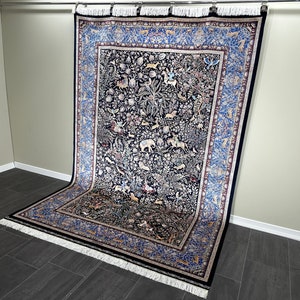 7x10 Tree Of Life Silk Rug: Navy Blue Bamboo Carpet