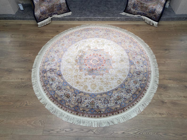Cream Round Rug, Turkish Bamboo Silk Area Rug, Soft 5x5 - Etsy