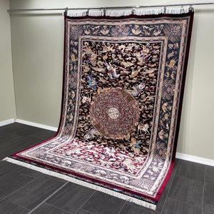 Animal Patterned Bamboo Silk Rug: 7x10 Oversized Red Carpet