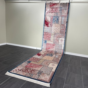 Colorful Bamboo Silk Runner Rug: Turkish Hallway Carpet (3.3x13.1)