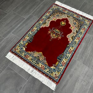 Red Silk Prayer Rug: Islamic Sajjadah Janamaz, 3x4 Carpet