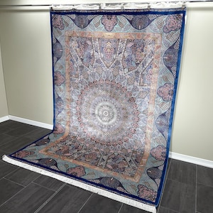 7x10 Anatolian Bamboo Silk Rug: Traditional Blue Carpet
