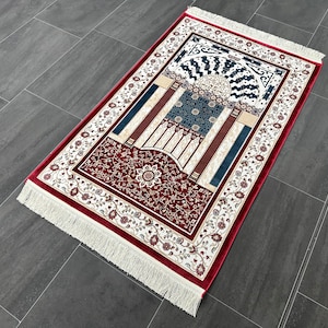 Red & Cream Bamboo Silk Prayer Rug - Islamic Sajadah (3x4)