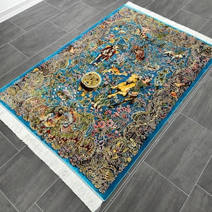 4x6 Traditional Silk Rug, Blue Silk Rug, Animal Patterned Rug, Pure Silk Rug, 4x6 Carpet,Oriental Silk Rug,Top Quality Silk Rug,Gift For Mom