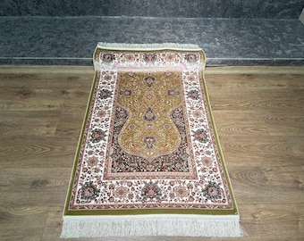 Green Unique Prayer Mat, 3x4 Muslim Sejjadah, Bamboo Prayer Rug, Eid Gift 3x4,Islamic Prayer Mat Rug,%100 Bamboo Prayer Silk Rug,Turkish Rug