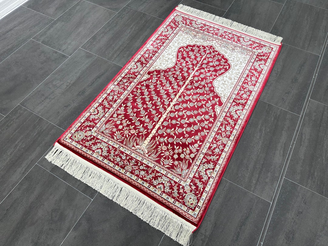 3x4 Sajadah Silk Rug, Prayer Mat Silk Rug, 3x4 Carpet, Red Silk Rug ...