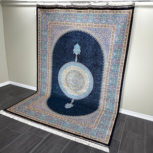 7x10 Anatolian Bamboo Silk Rug: Navy Blue Traditional Carpet