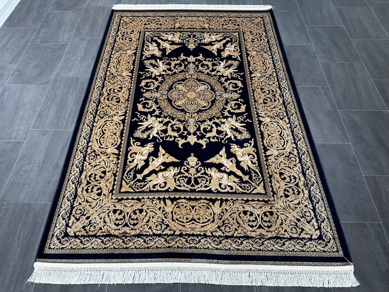 Angel Patterned Silk Rug, 5x7 Navy & Gold Silk Rug, 5x7 Carpet, for