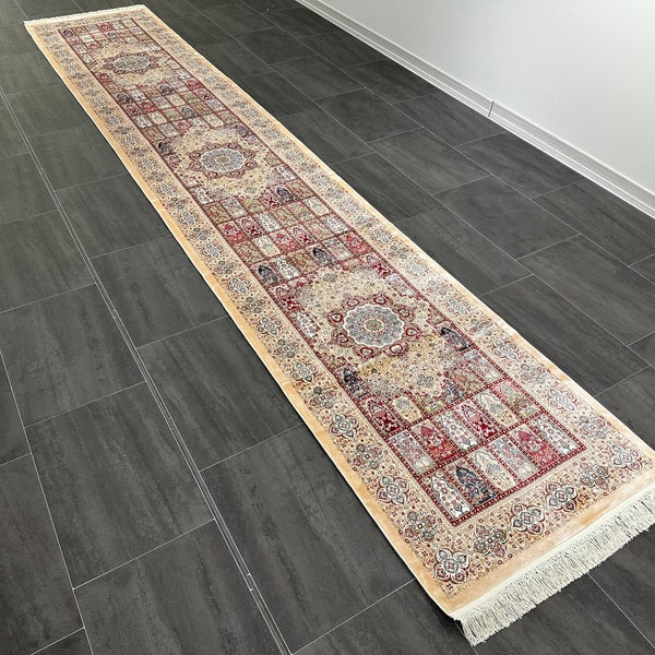 Beige Runner Silk Rug, 3x13 Hallway Silk Rug, Rug For Hallway, Turkish Carpet, 3x13 Bamboo Silk Rug,Classic Rug,Luxury Silk Rug,Entryway Rug