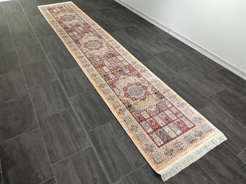 Beige Runner Silk Rug, 3x13 Hallway Silk Rug, Rug For Hallway, Turkish Carpet, 3x13 Bamboo Silk Rug,Classic Rug,Luxury Silk Rug,Entryway Rug image 1