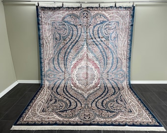 8x11 Navy Blue Silk Rug, Bamboo Silk Rug, 8x11 Traditional Carpet, Top Quality Silk Rug, 8x11 Turkish Carpet, Super Fine Silk Rug,Large Rugs