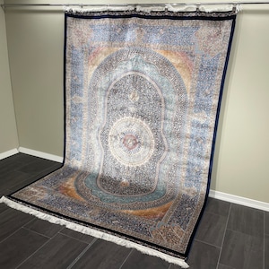 Traditional Navy Blue Bamboo Silk Rug - 7x10 Large Carpet