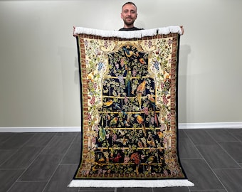 4x6 Turkish Silk Rug: Oriental Animal Patterned Carpet