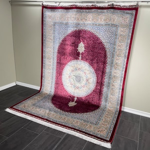 7x10 Dark Red Bamboo Silk Rug: Traditional Turkish Carpet