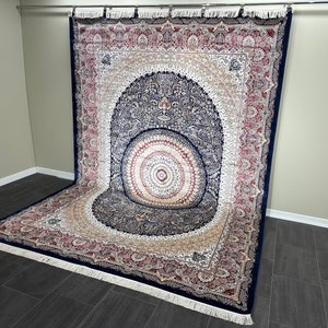8x11 Navy Blue Bamboo Silk Rug: Traditional Turkish Carpet
