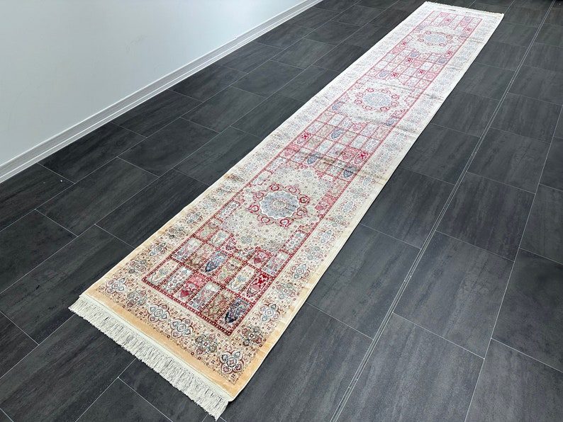 Beige Runner Silk Rug, 3x13 Hallway Silk Rug, Rug For Hallway, Turkish Carpet, 3x13 Bamboo Silk Rug,Classic Rug,Luxury Silk Rug,Entryway Rug image 4