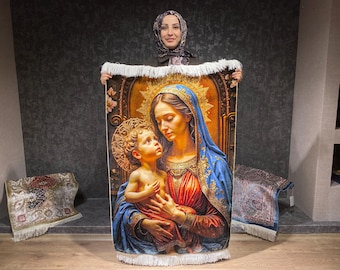 Dywanik ścienny z jedwabiu „Madonna z Dzieciątkiem”, turecki gobelin portretowy, 2,6 x 3,9 stopy