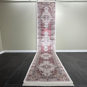 Turkish Silk Runner Rug: Cream & Red Classic Design, 2.6x13.1 Ft