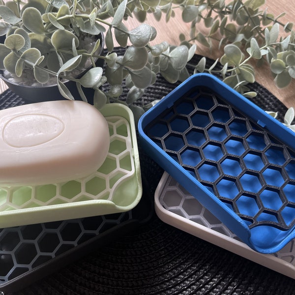 Modern soap dish in two-part design, modular & 3D printed, choice of colors, hexagonal grid, bathroom highlight, aesthetic, timeless