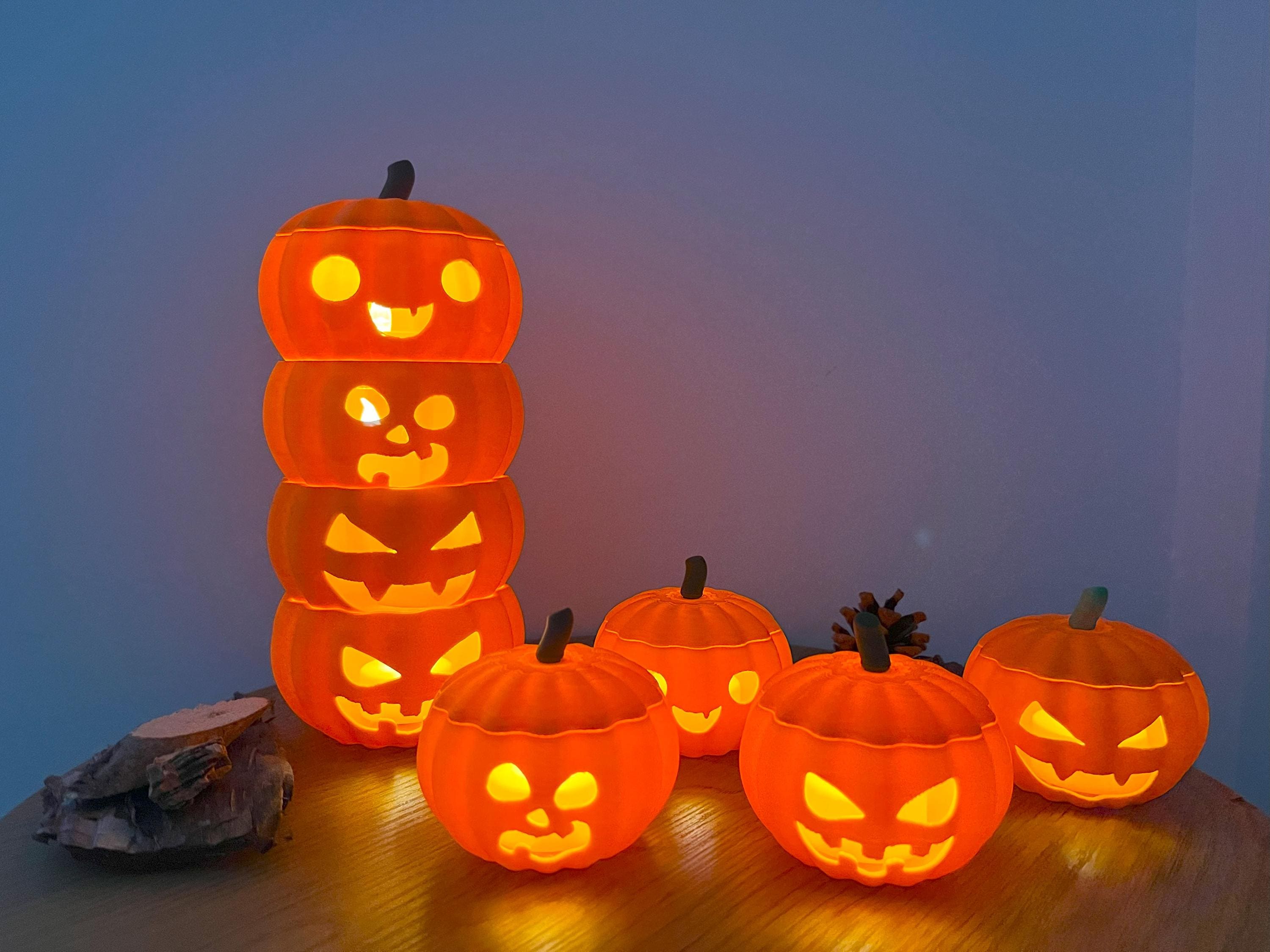 Personalizowana dynia Halloween z podgrzewaczem LED – 4 wzory i 2 rozmiary – Możliwość dostosowania łodygi