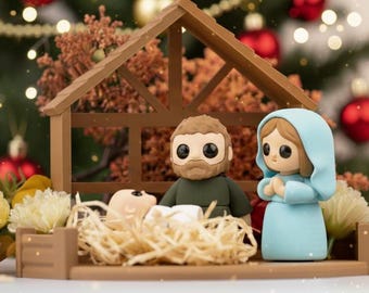 Modern Nativity Scene with Stable, Mary, Joseph & Baby Jesus – Warm Christmas Decoration